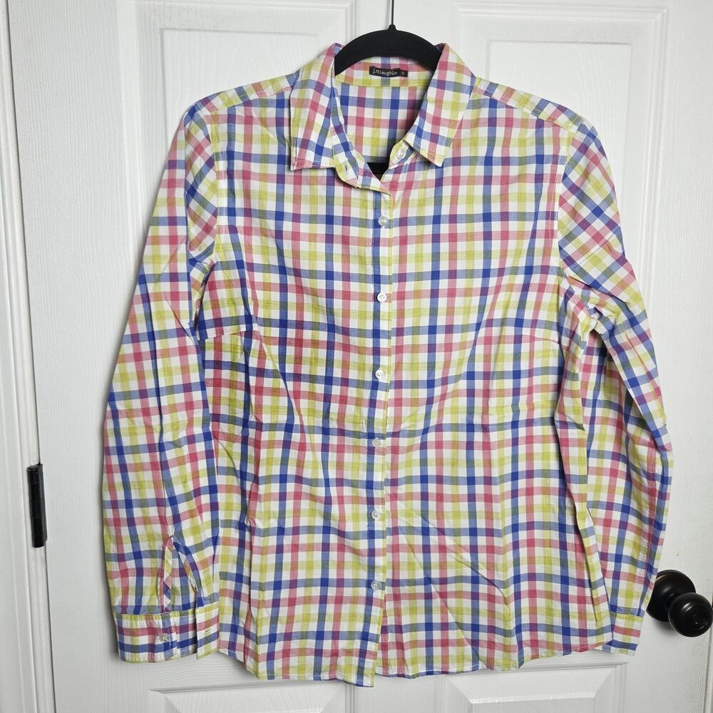 J. McLaughlin Shirt Womens 10 Multicolor Check Button Up Long Sleeve Cotton